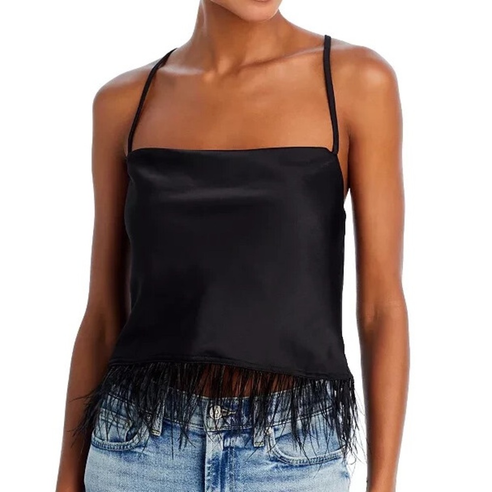 Aqua Black Satin Feather-Trim Tank
